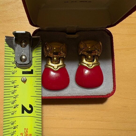 Vintage Monet Gold Tone Red Enamel Earrings - Picture 4 of 7
